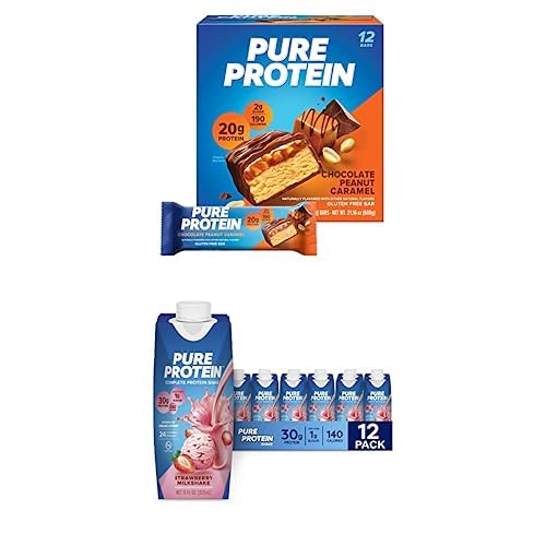 Chocolate Peanut Caramel Protein Bars 12 Count + Strawberry Protein Shake 12 Pack V880027