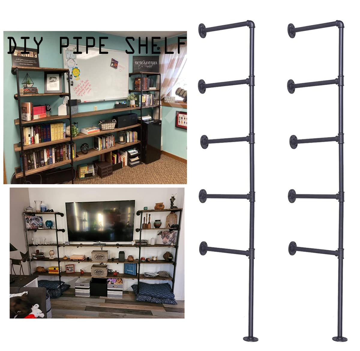 Black Iron Pipe Shelf Bracket, 2Pcs 5 Tier 70" Tall 12" Deep Z7542