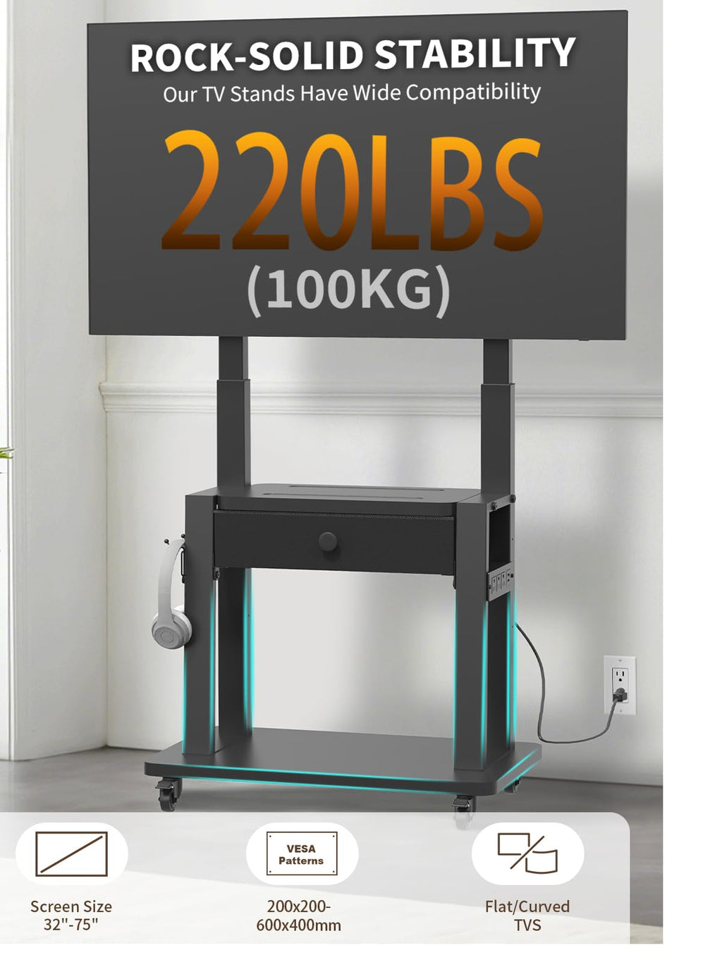 Black Rolling TV Stand with Power Outlet for 32-75 Inch Screens X356