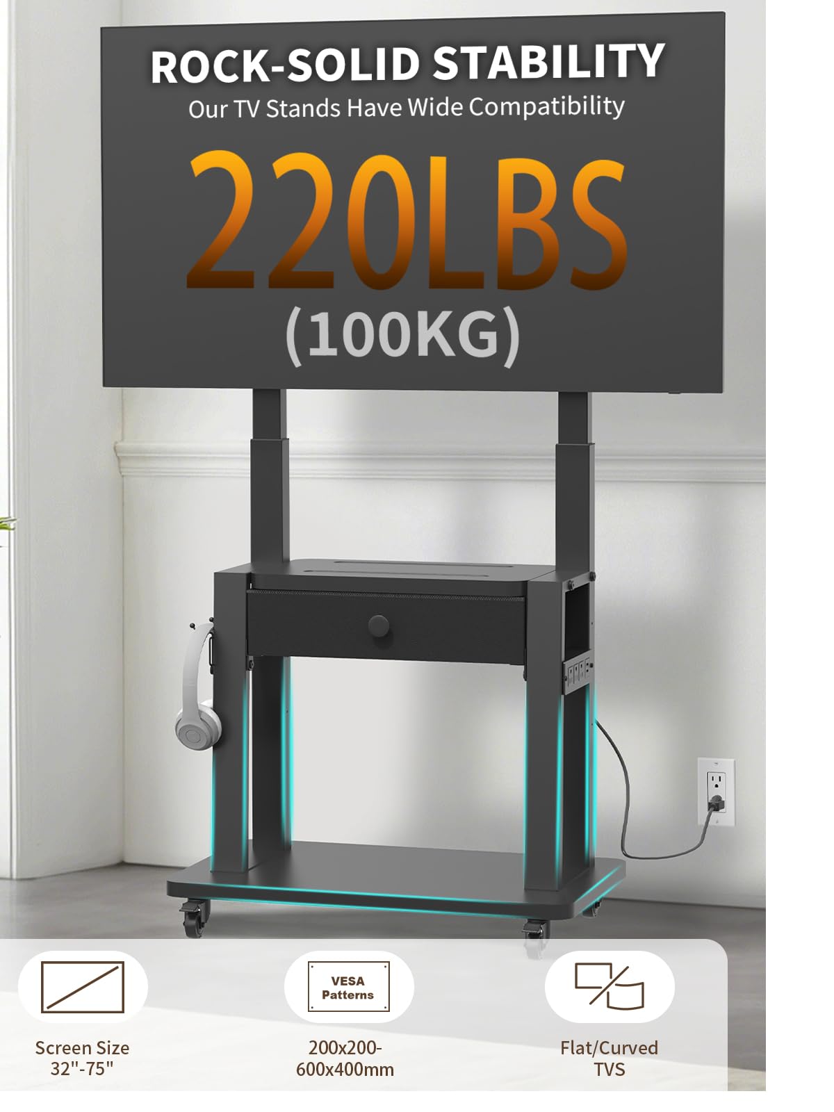 Black Rolling TV Stand with Power Outlet for 32-75 Inch Screens X356