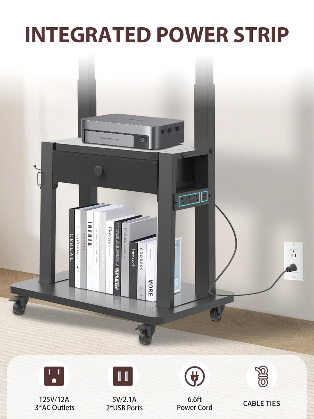 Black Rolling TV Stand with Power Outlet for 32-75 Inch Screens X356