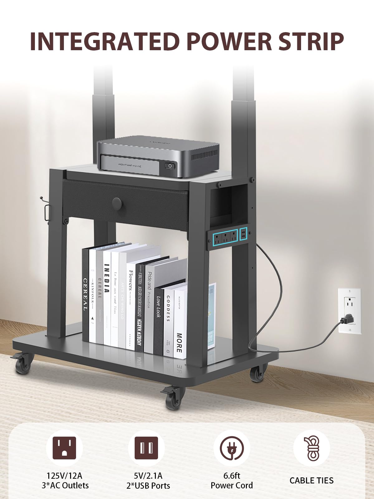 Black Rolling TV Stand with Power Outlet for 32-75 Inch Screens X356