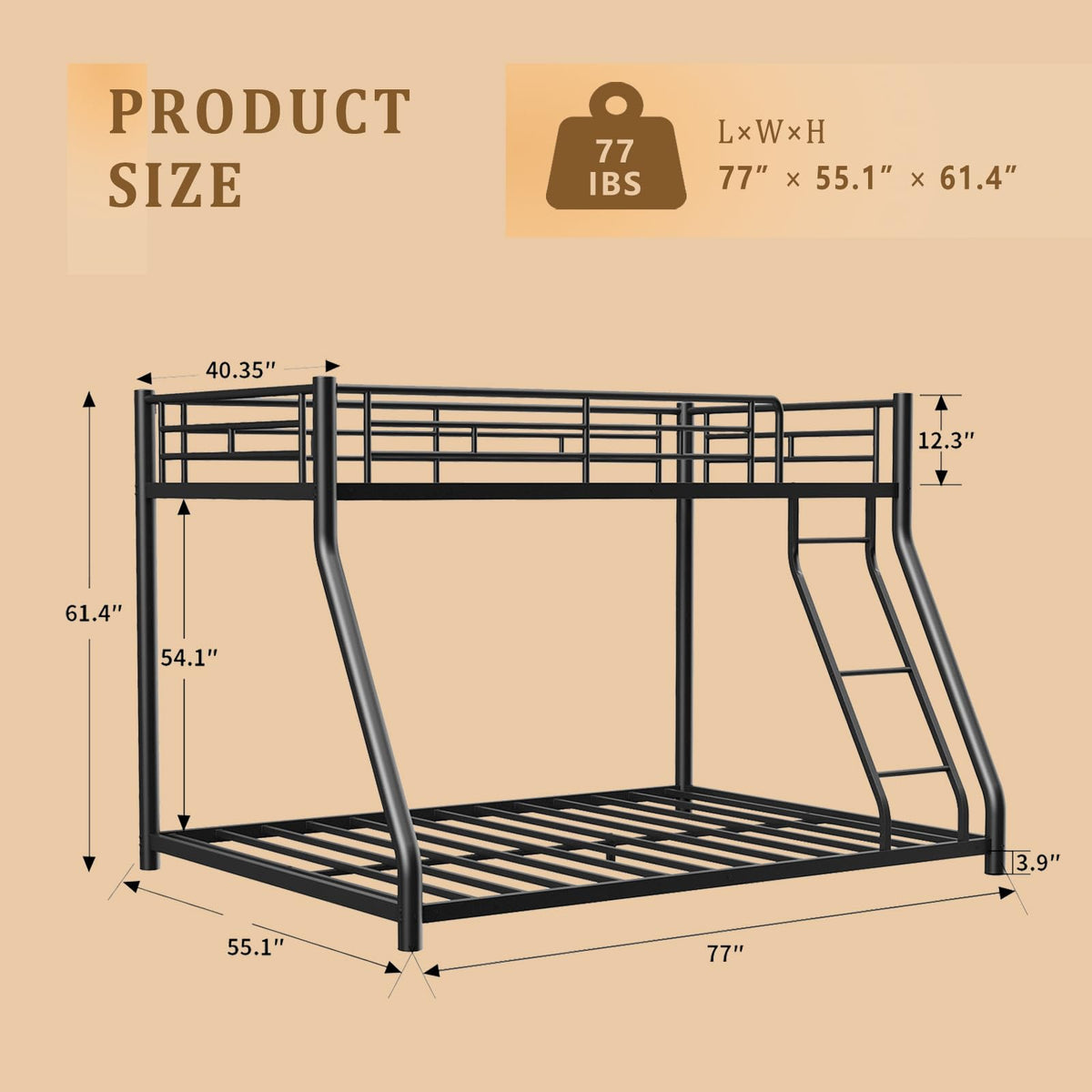 Twin Over Full Size Bunk Bed with Guardrail & Ladder Z827