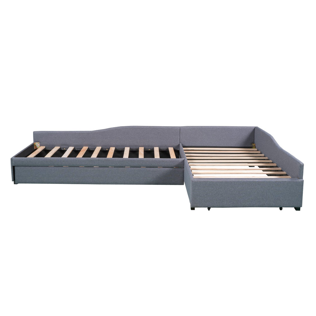 Gray Linen Upholstered Double Twin Size Daybed with Trundle and Drawer K325