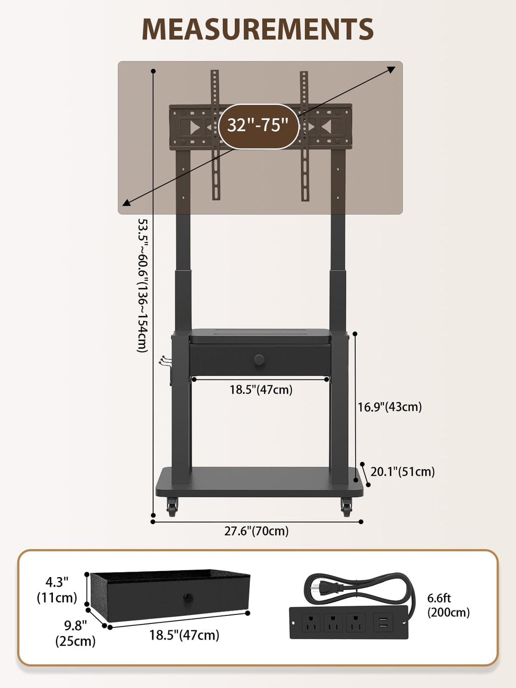 Black Rolling TV Stand with Power Outlet for 32-75 Inch Screens X356