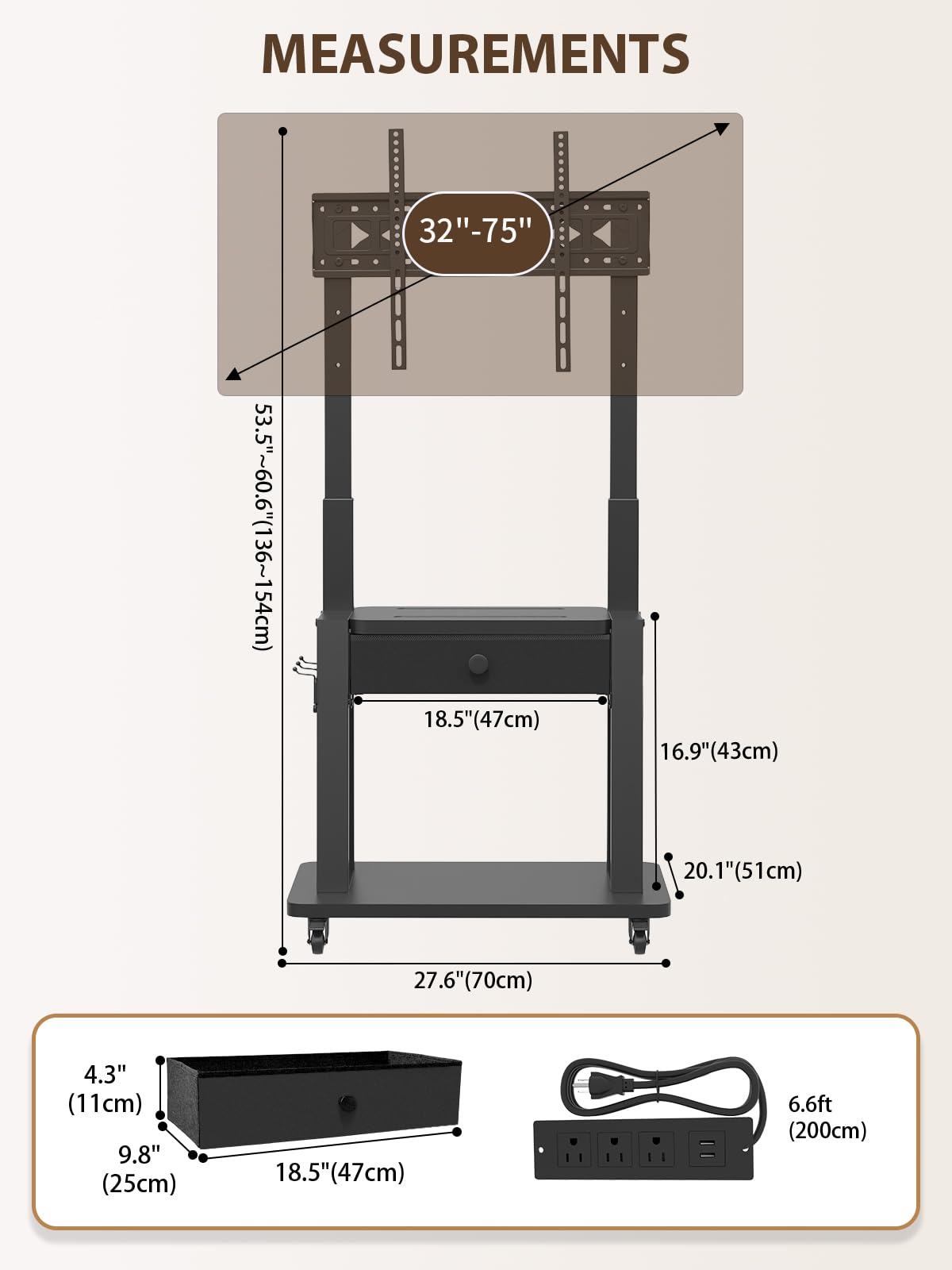 Black Rolling TV Stand with Power Outlet for 32-75 Inch Screens X356