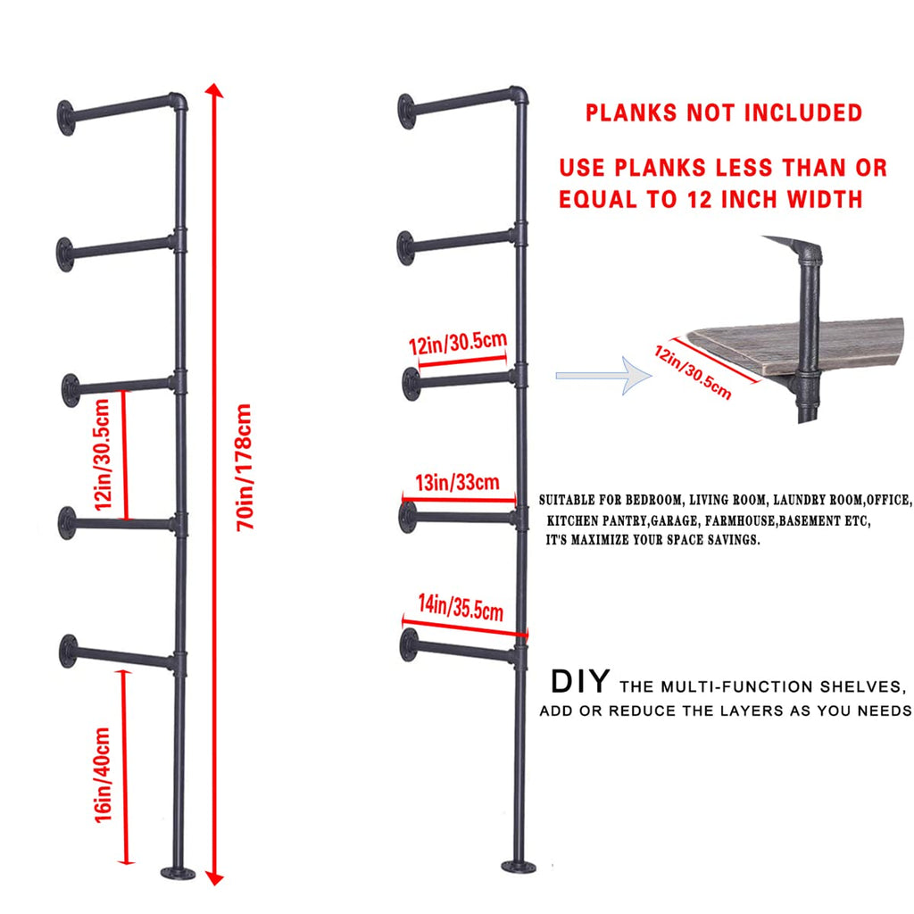 Black Iron Pipe Shelf Bracket, 2Pcs 5 Tier 70" Tall 12" Deep Z7542