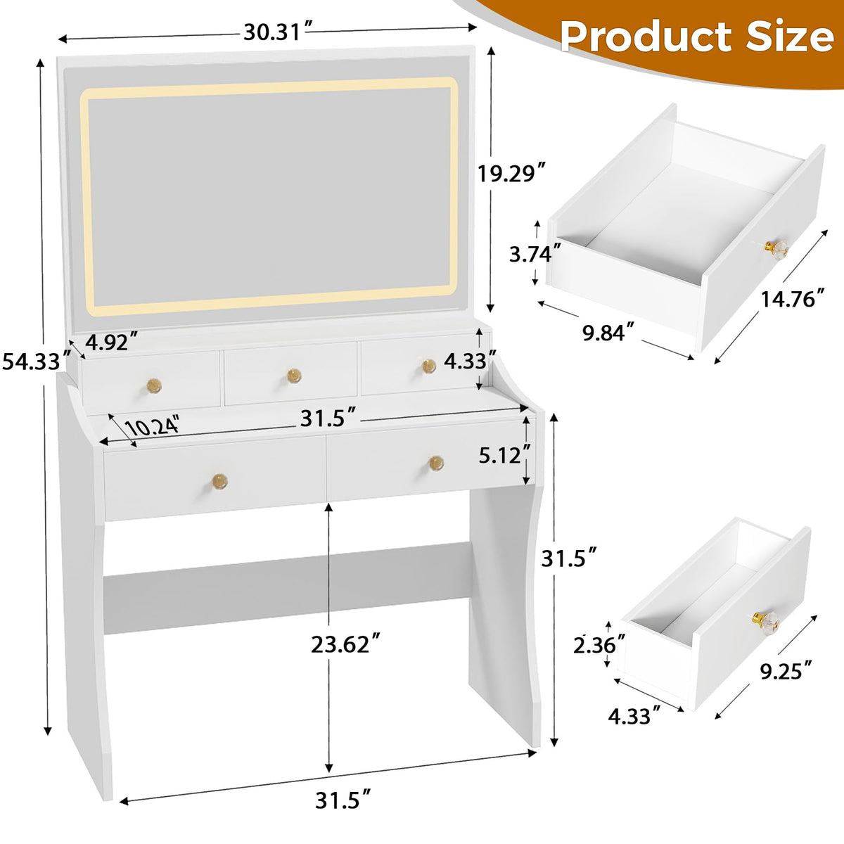 White Vanity Desk with LED Lights Mirror and 5 Drawers M4136