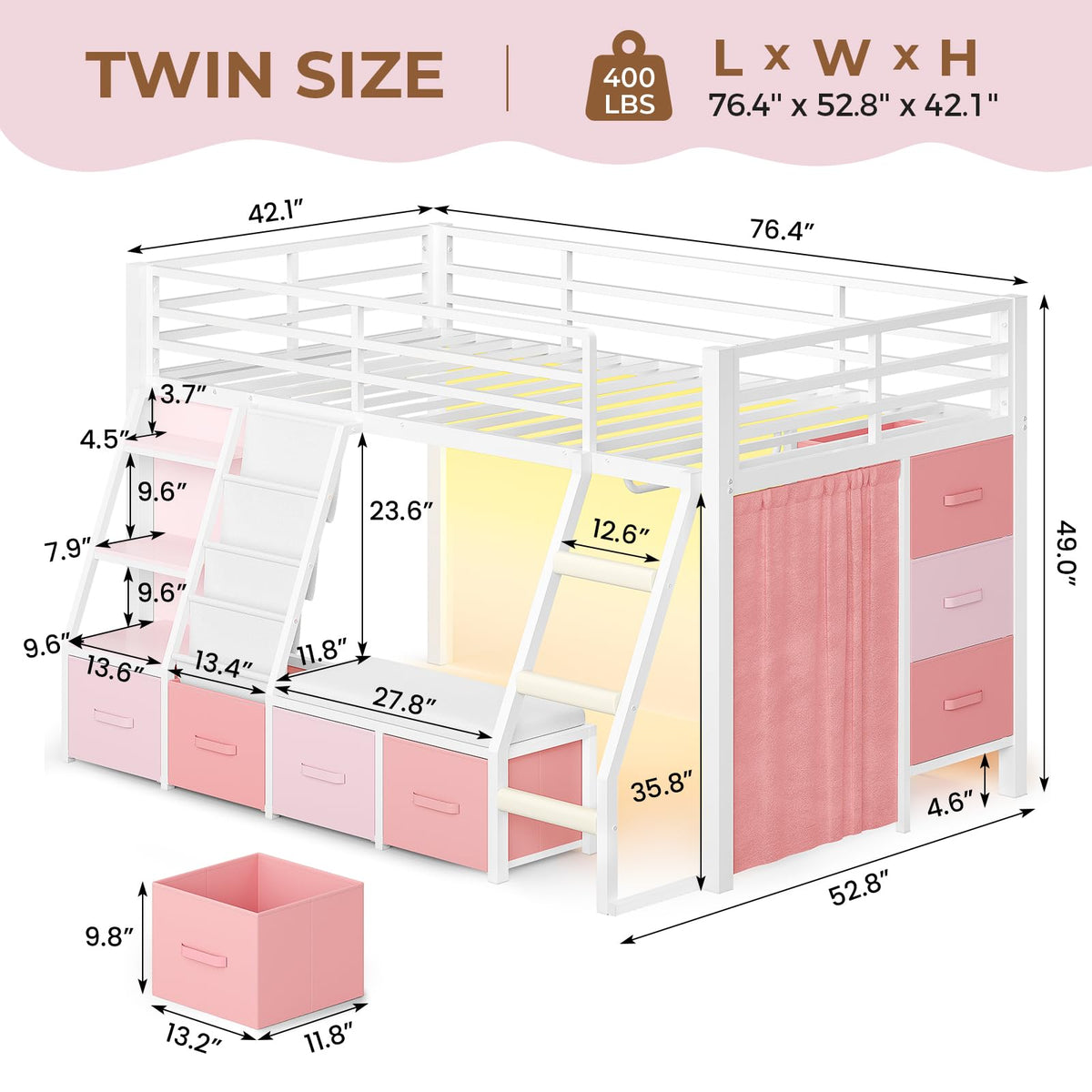 Twin Loft Bed with 7 Storage Drawers, Bookshelf, LED Lights & Guardrail, White & Pink Y90329