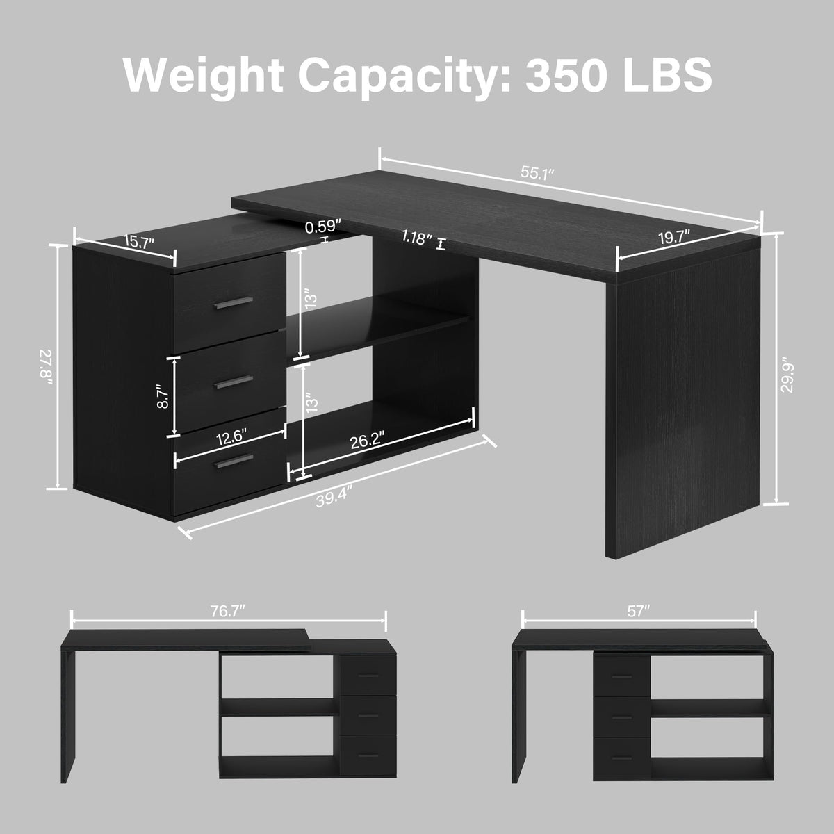 Black L Shaped Corner Desk with Storage Drawers R901