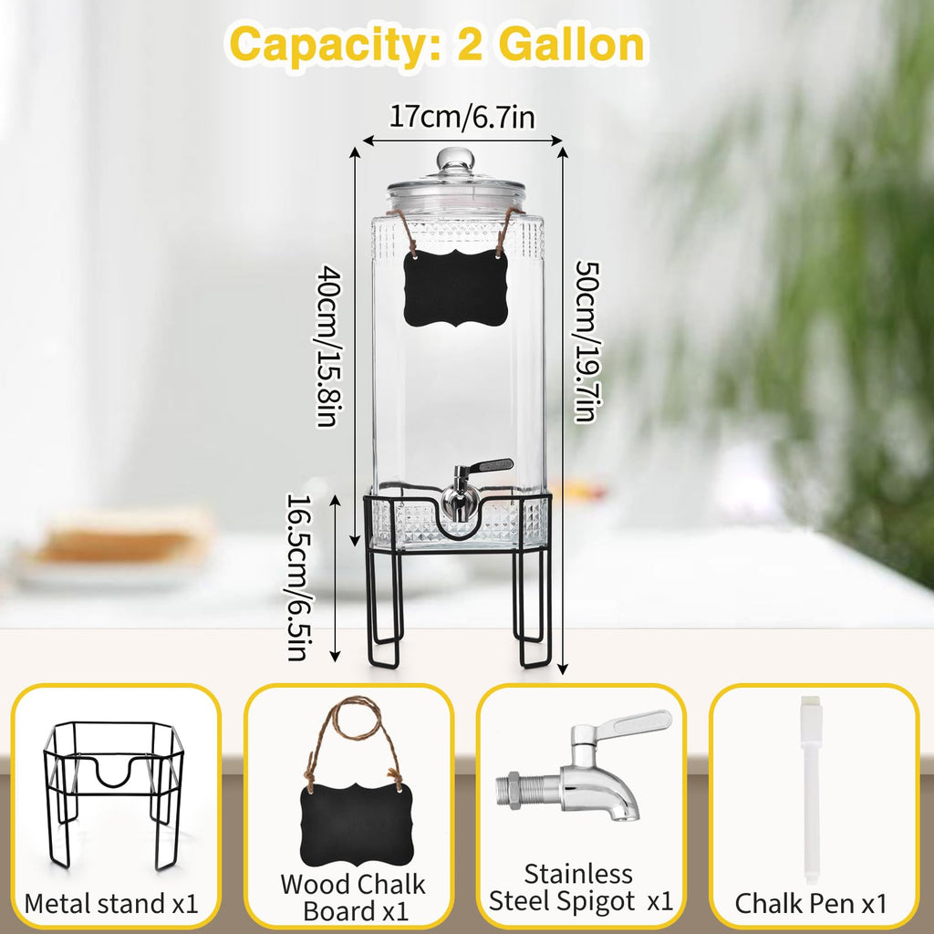 2 Gallon Glass Drink Dispenser with Stand and Glass Lid Y403398