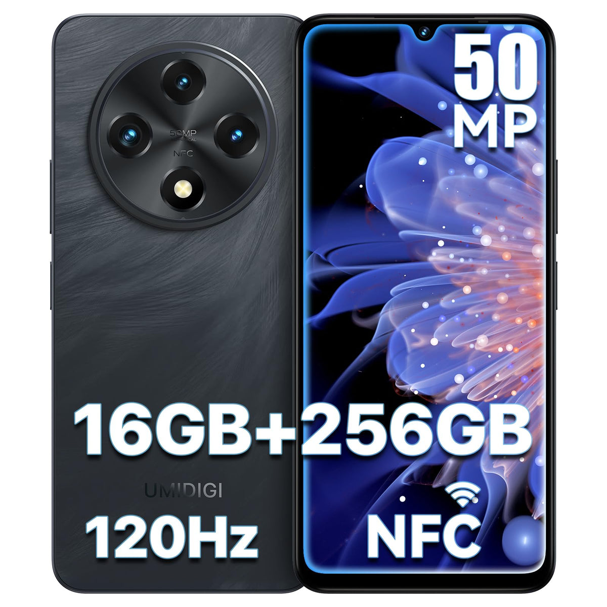 Android 14 6.9" HD+ 120Hz Octa-core 16GB +256GB 6000mAh 50MP Triple Camera Dual 4G LTE NFC Black Smartphone M68642
