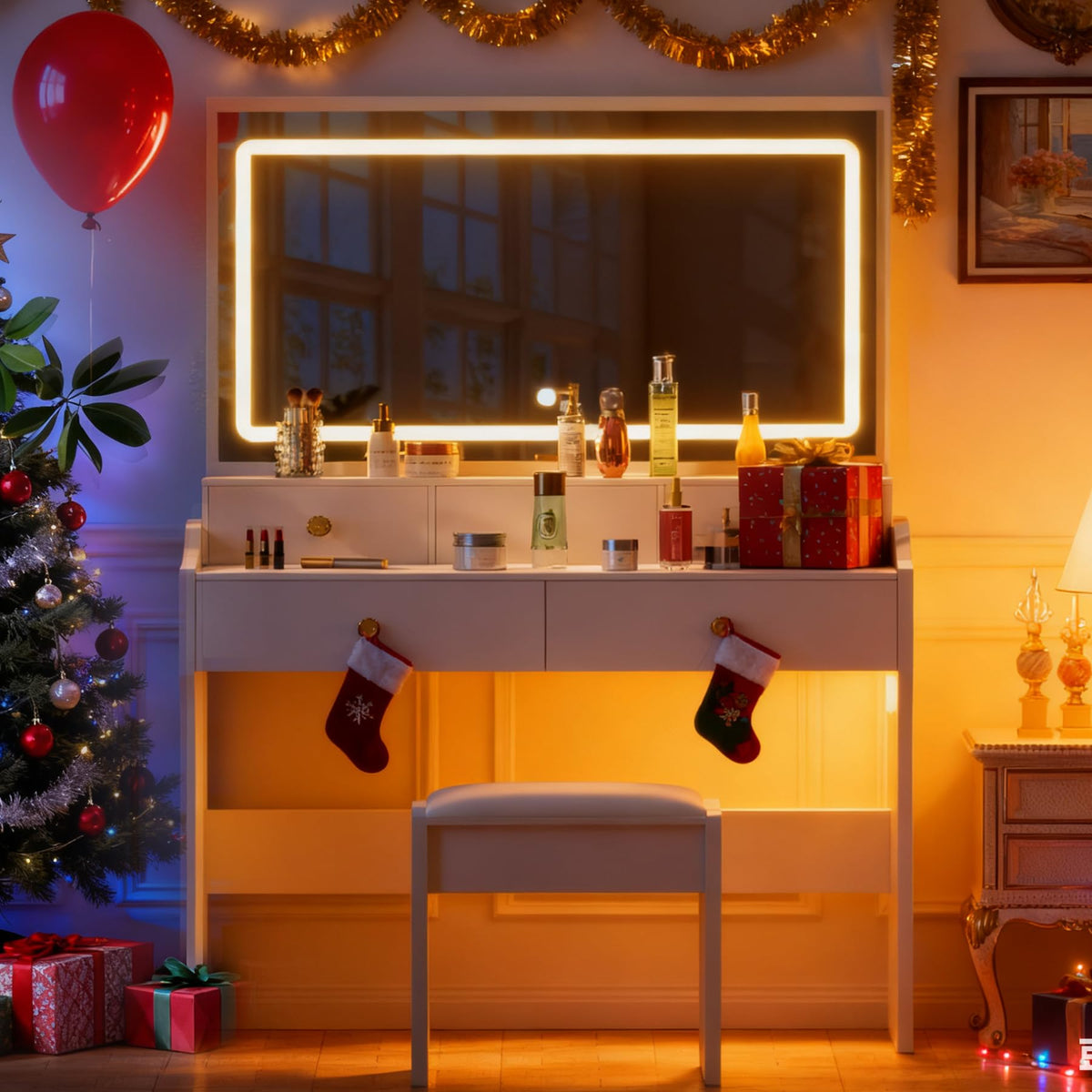 White Vanity Desk with LED Lights Mirror and 5 Drawers M4136
