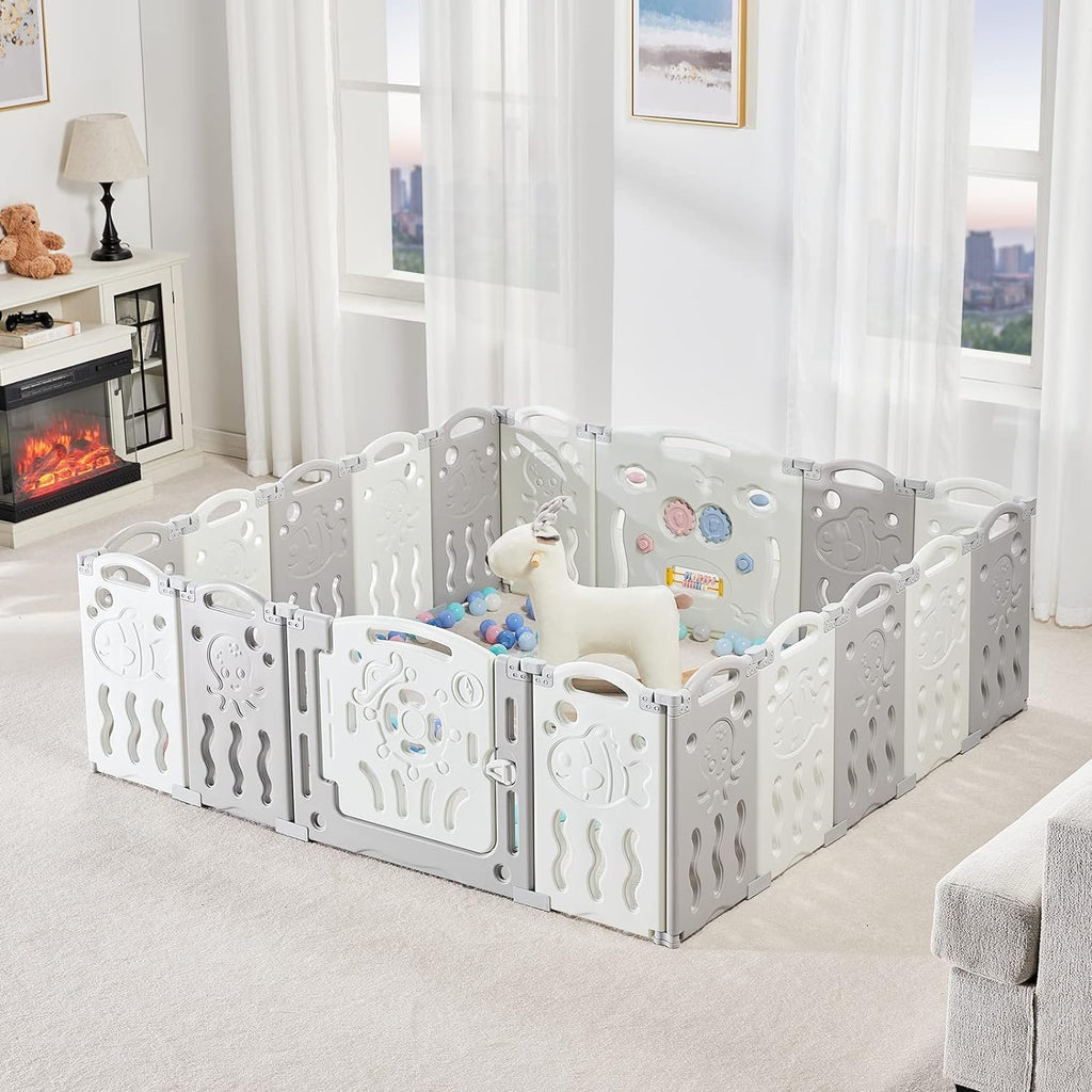 18 Panel Grey White Foldable Kids Playpen Safety Lock Gate S381