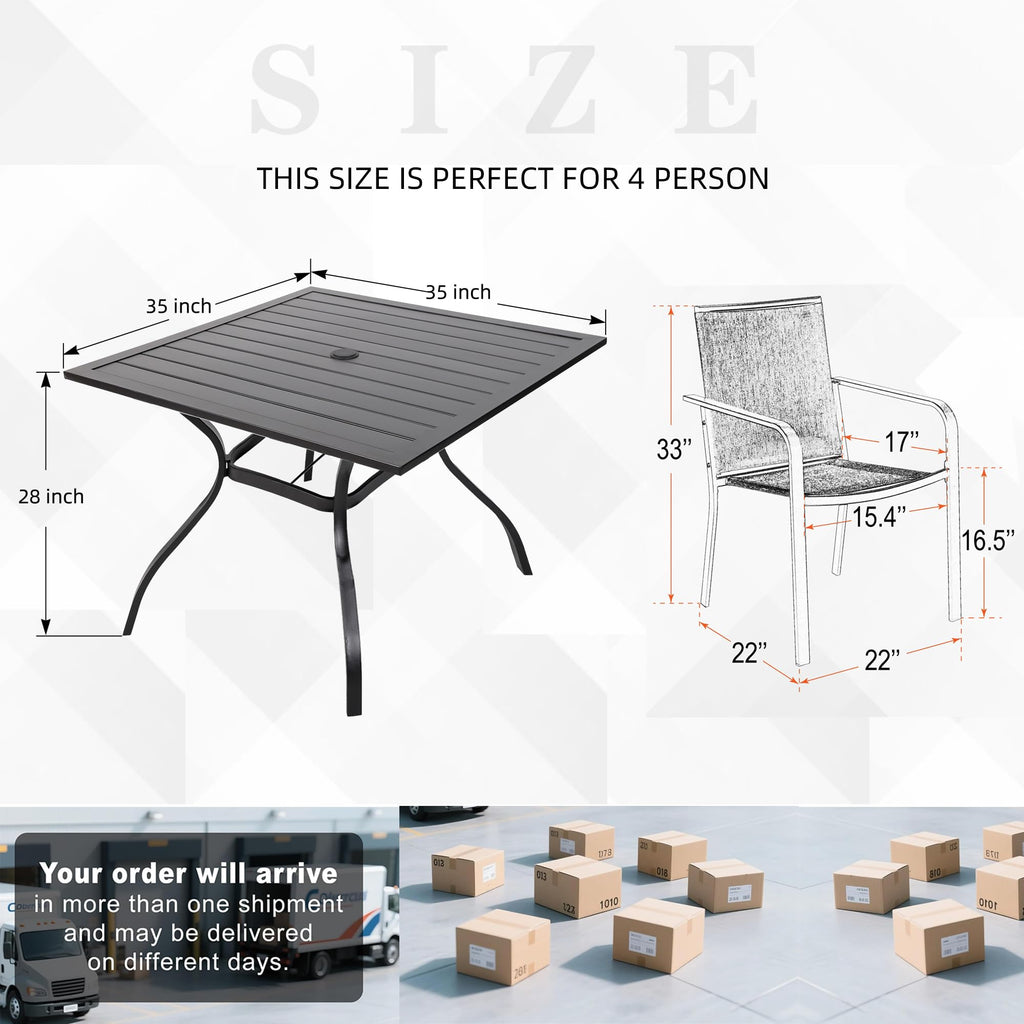 5 Piece Outdoor Dining Set with Grey Stackable Chairs and Square Table O9690
