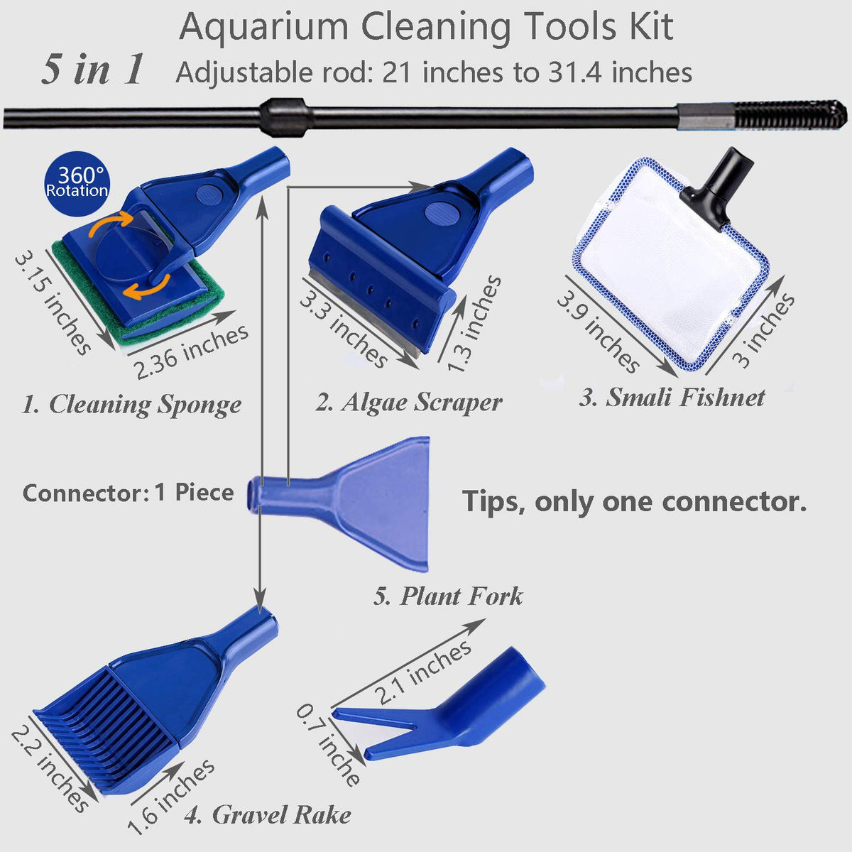 5 In 1 Aquarium Cleaning Tools Kit with Adjustable Length Rod W7167