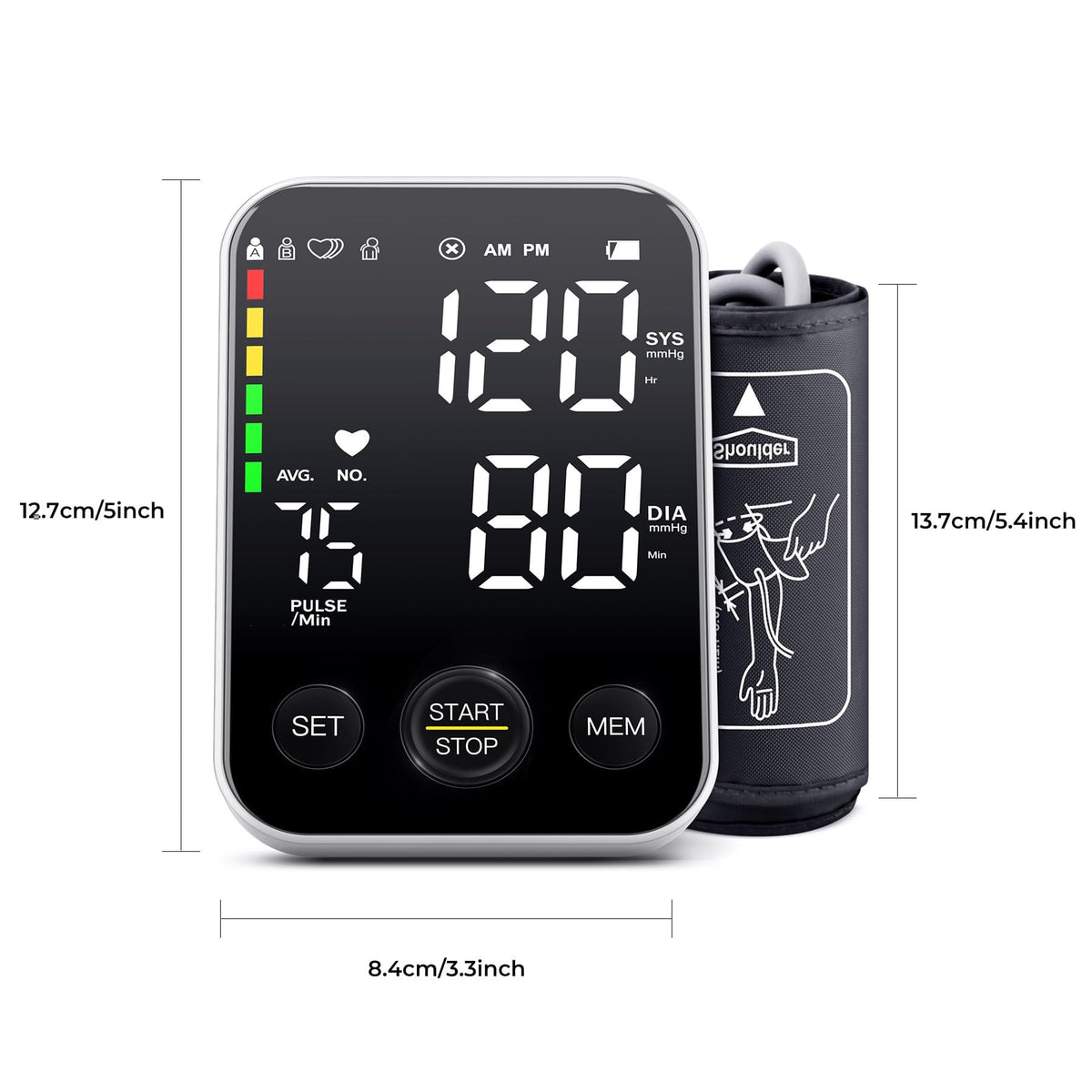 Black Upper Arm Blood Pressure Monitor with Adjustable Arm Cuff and Large Display F636