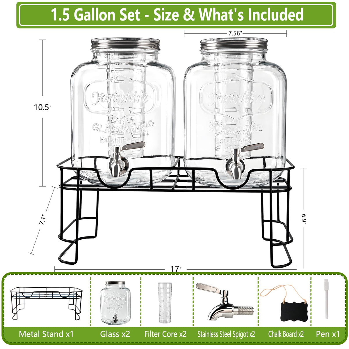 2 Pack 1.5 Gallon Glass Drink Dispenser with Spout O9901