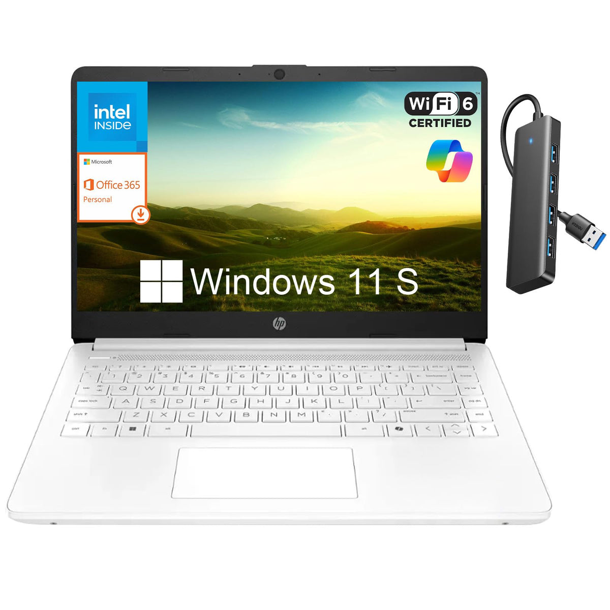 14 Inch Laptop, Intel Celeron N4500, 4GB RAM, 128GB Storage, Windows 11 S, Snowflake White M154492