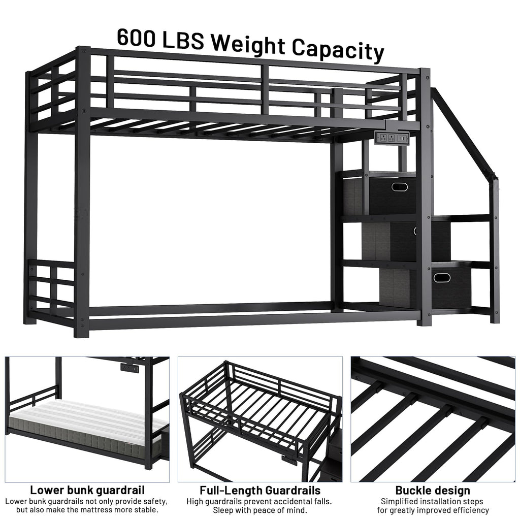Twin Over Twin Metal Bunk Bed with Storage Stairs, Drawers & Shelves, Power Outlet and RGB LED Lights, Safety Guardrails & Metal Slats (Black) F330720