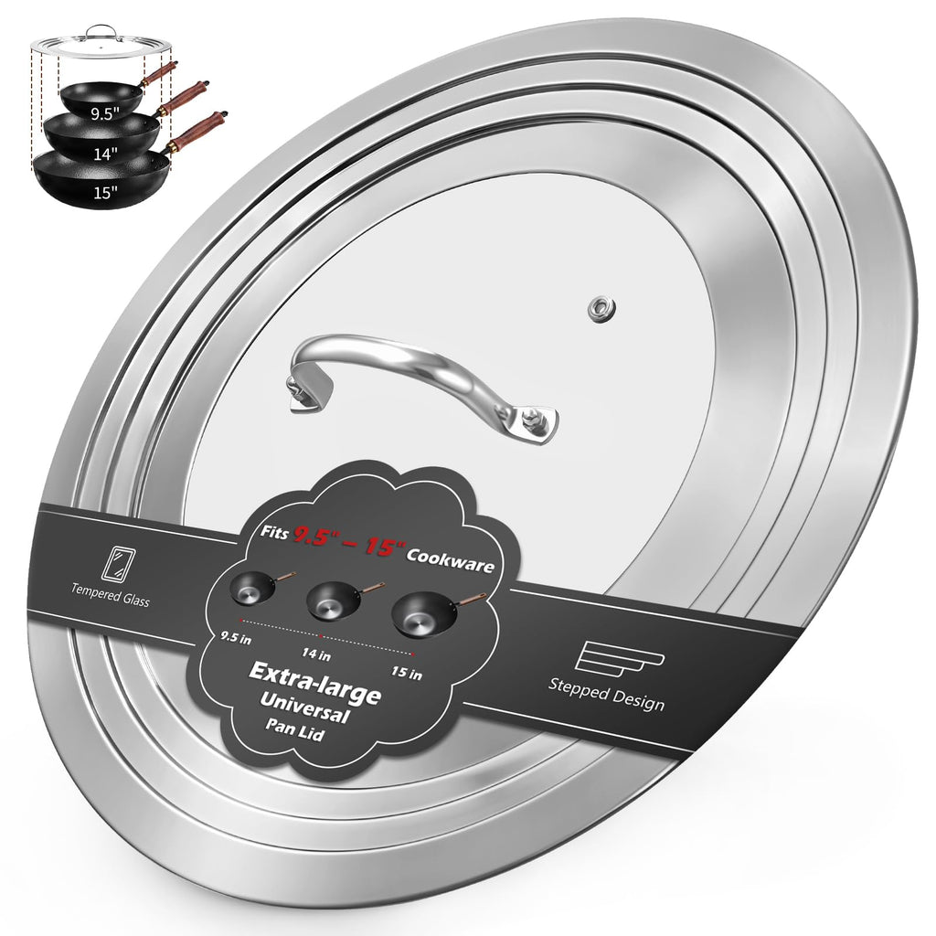 15 Inch Universal Lid for Pots Pans and Skillets, Stainless Steel Tempered Glass Z584