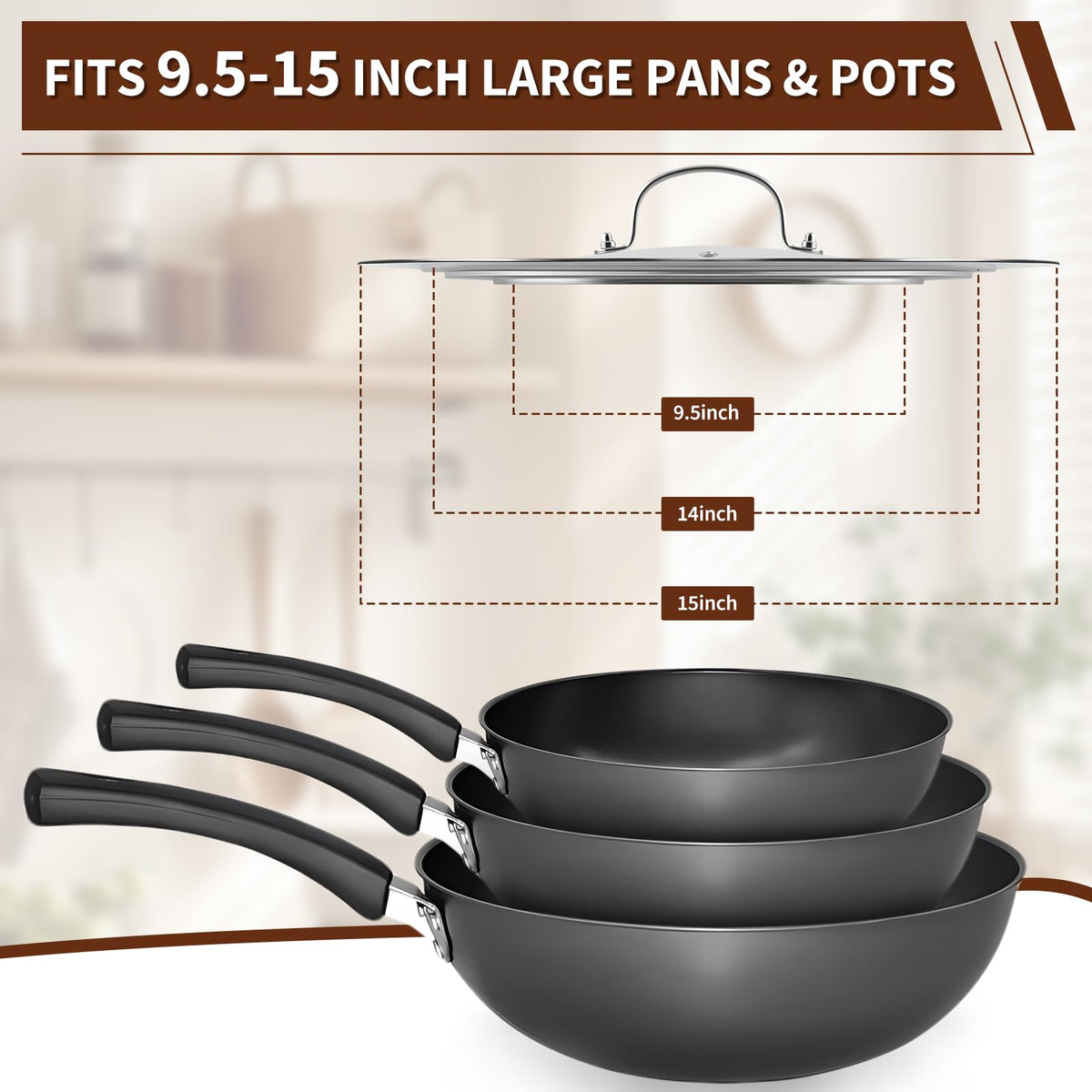 15 Inch Universal Lid for Pots Pans and Skillets, Stainless Steel Tempered Glass Z584
