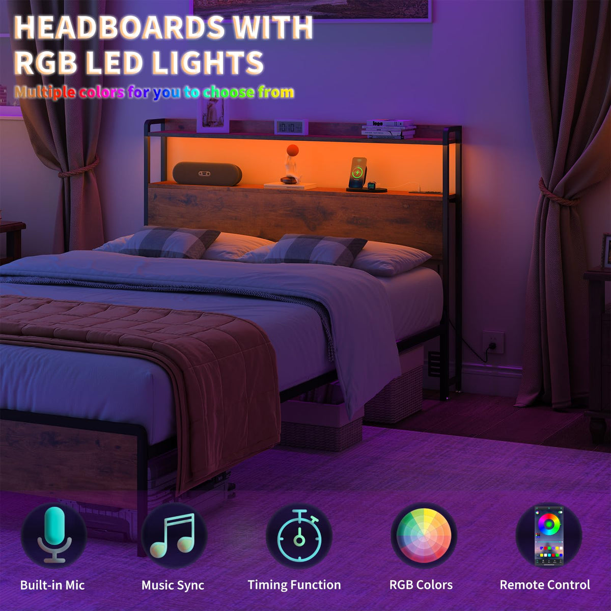 Adjustable Full Size Headboard with Outlets USB Ports Type-C LED Lights and Storage Rustic Brown O83958