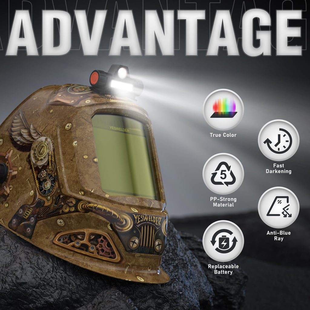 Auto-Darkening Welding Helmet with USB LED Work Light C59712