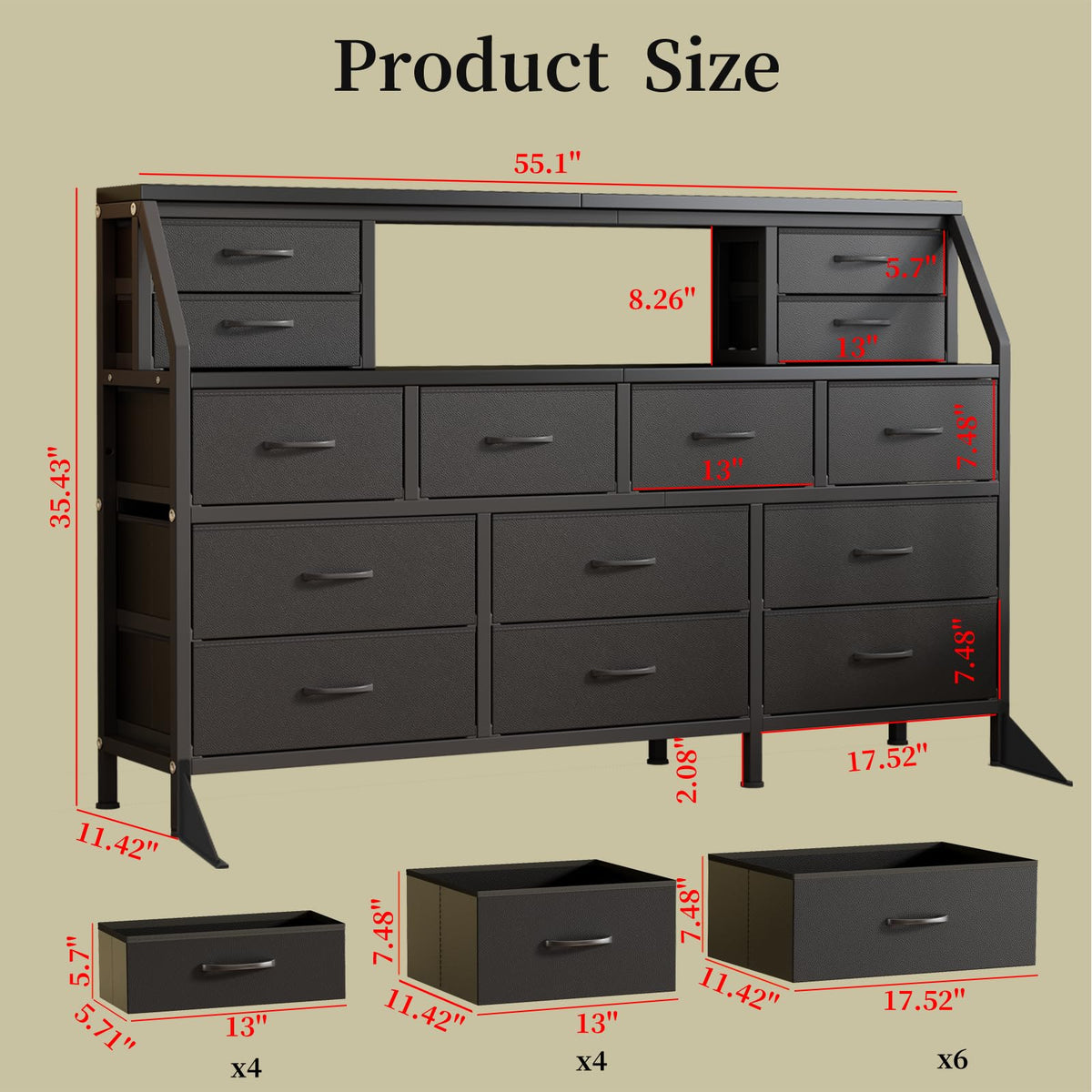 55" Black 14 Drawer Fabric Dresser with Open Shelf M112085