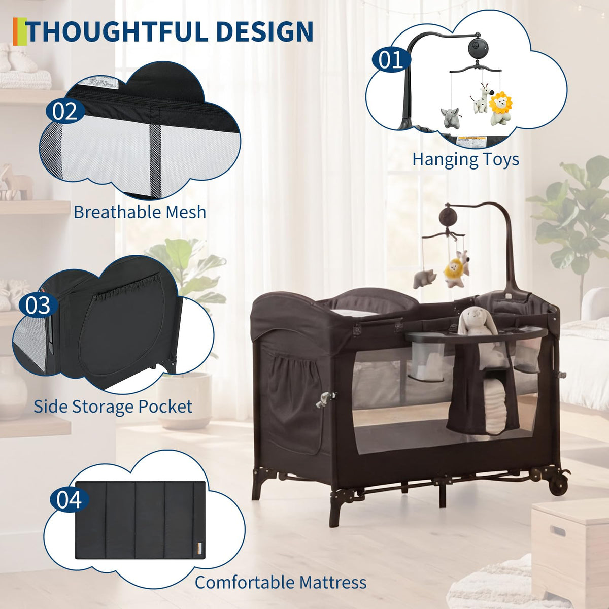 4 in 1 Pack and Play with Bassinet, Changing Table, Playpen and Carry Bag N22969