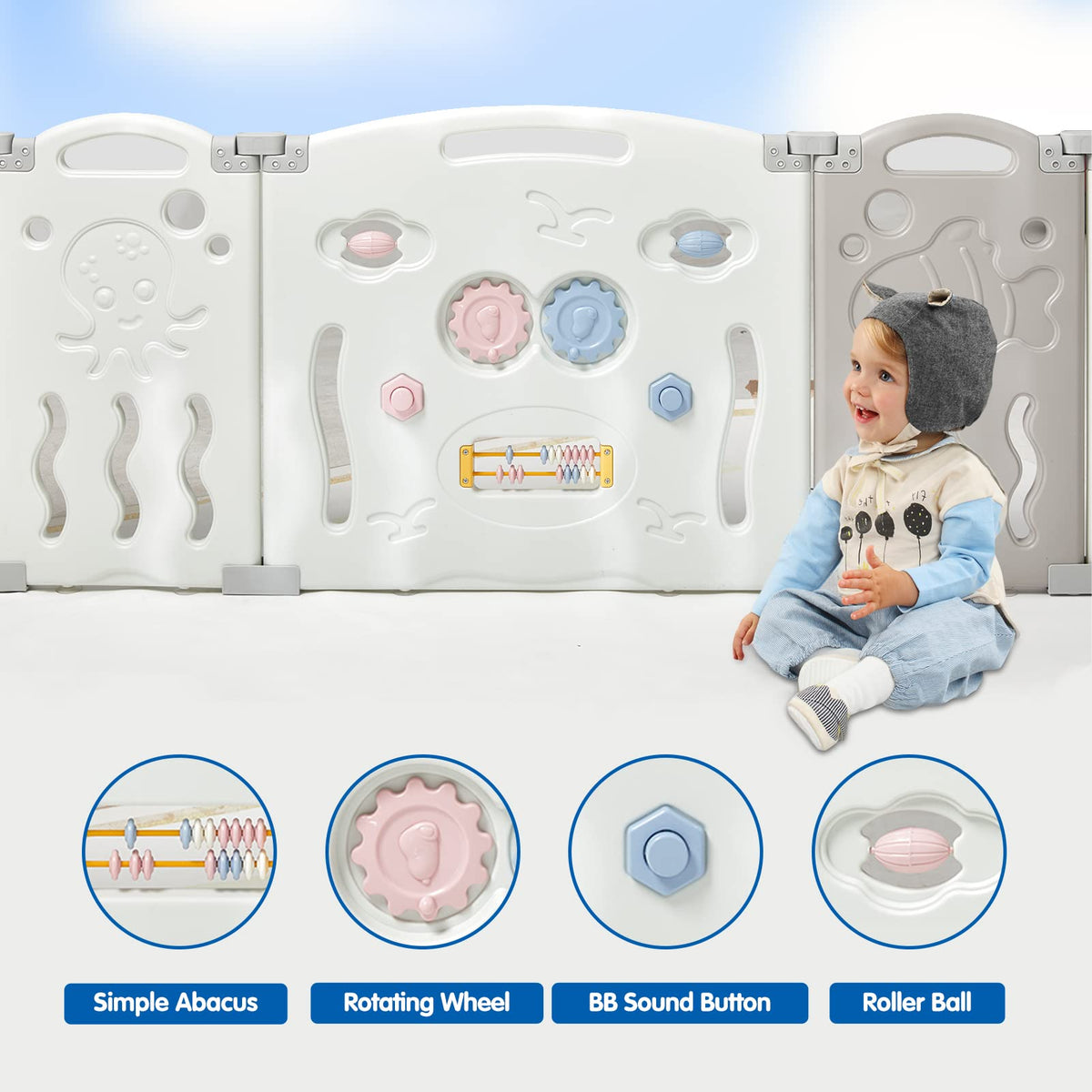 18 Panel Grey White Foldable Kids Playpen Safety Lock Gate S381