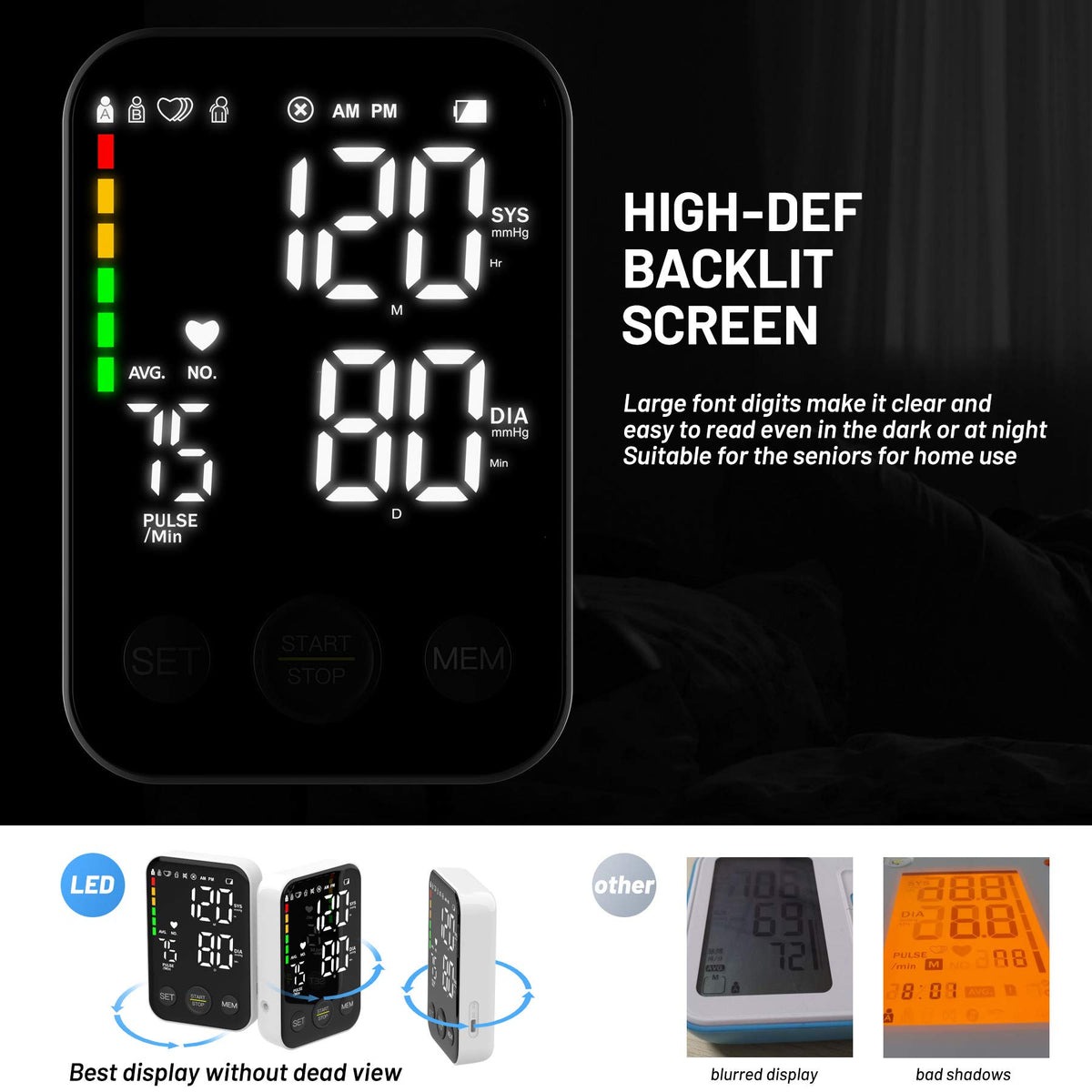Black Upper Arm Blood Pressure Monitor with Adjustable Arm Cuff and Large Display F636