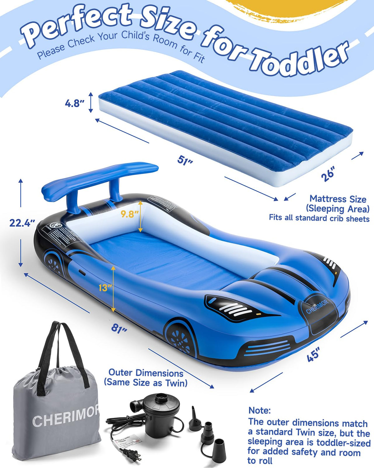 Inflatable Toddler Travel Bed with Safety Bumpers & Auto Pump P873