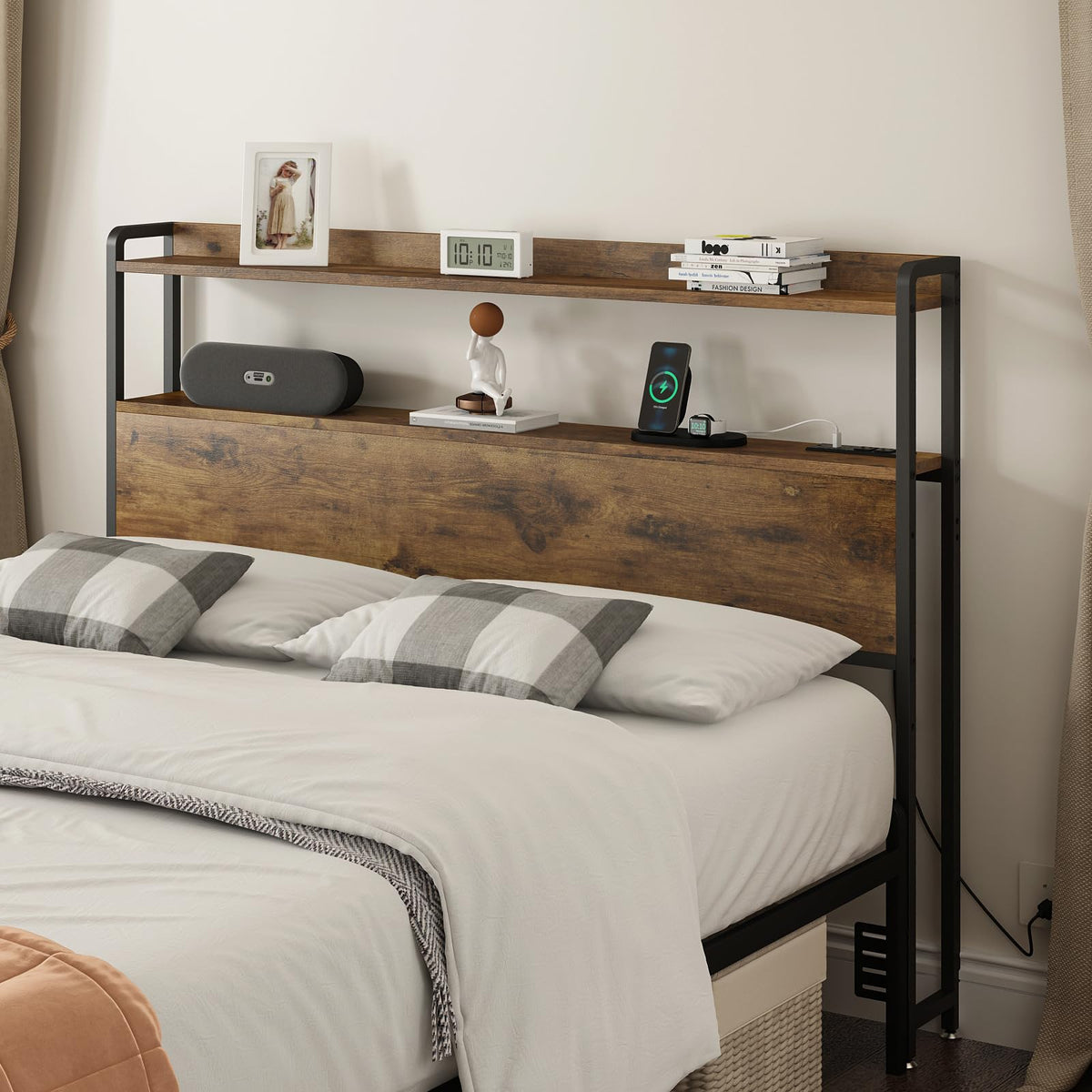 Adjustable Full Size Headboard with Outlets USB Ports Type-C LED Lights and Storage Rustic Brown O83958