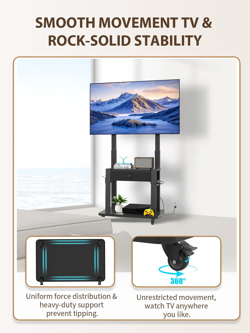 Black Rolling TV Stand with Power Outlet for 32-75 Inch Screens X356
