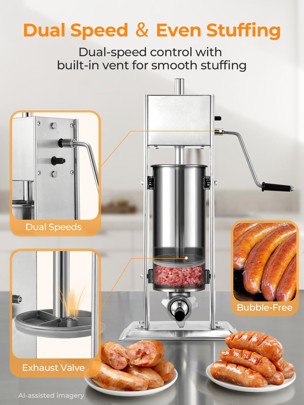 7LBS / 3L Dual Speed Sausage Stuffer with 5 Stuffing Tubes N8463