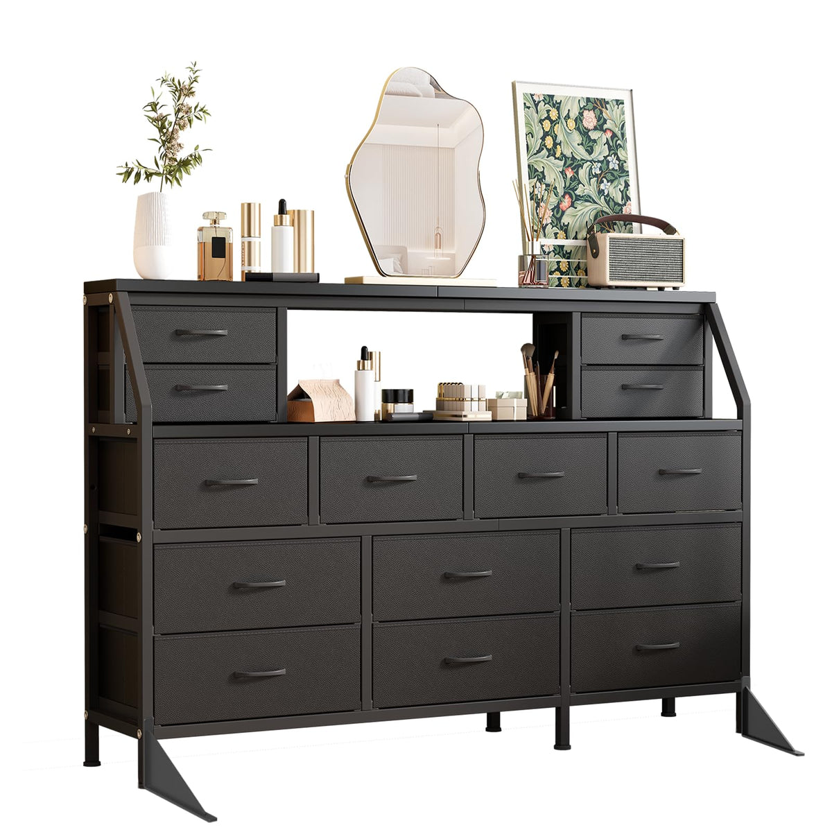 55" Black 14 Drawer Fabric Dresser with Open Shelf M112085
