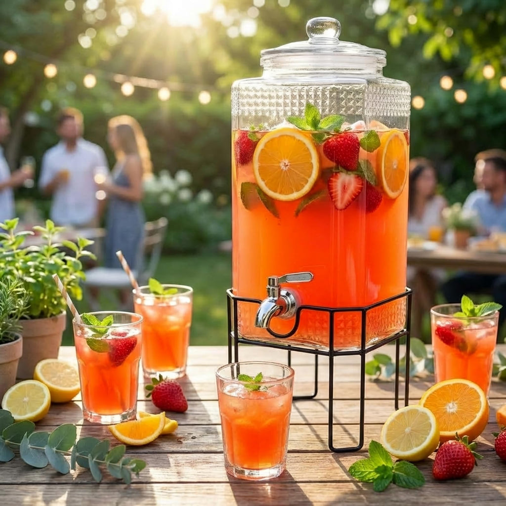 2 Gallon Glass Drink Dispenser with Stand and Glass Lid Y403398