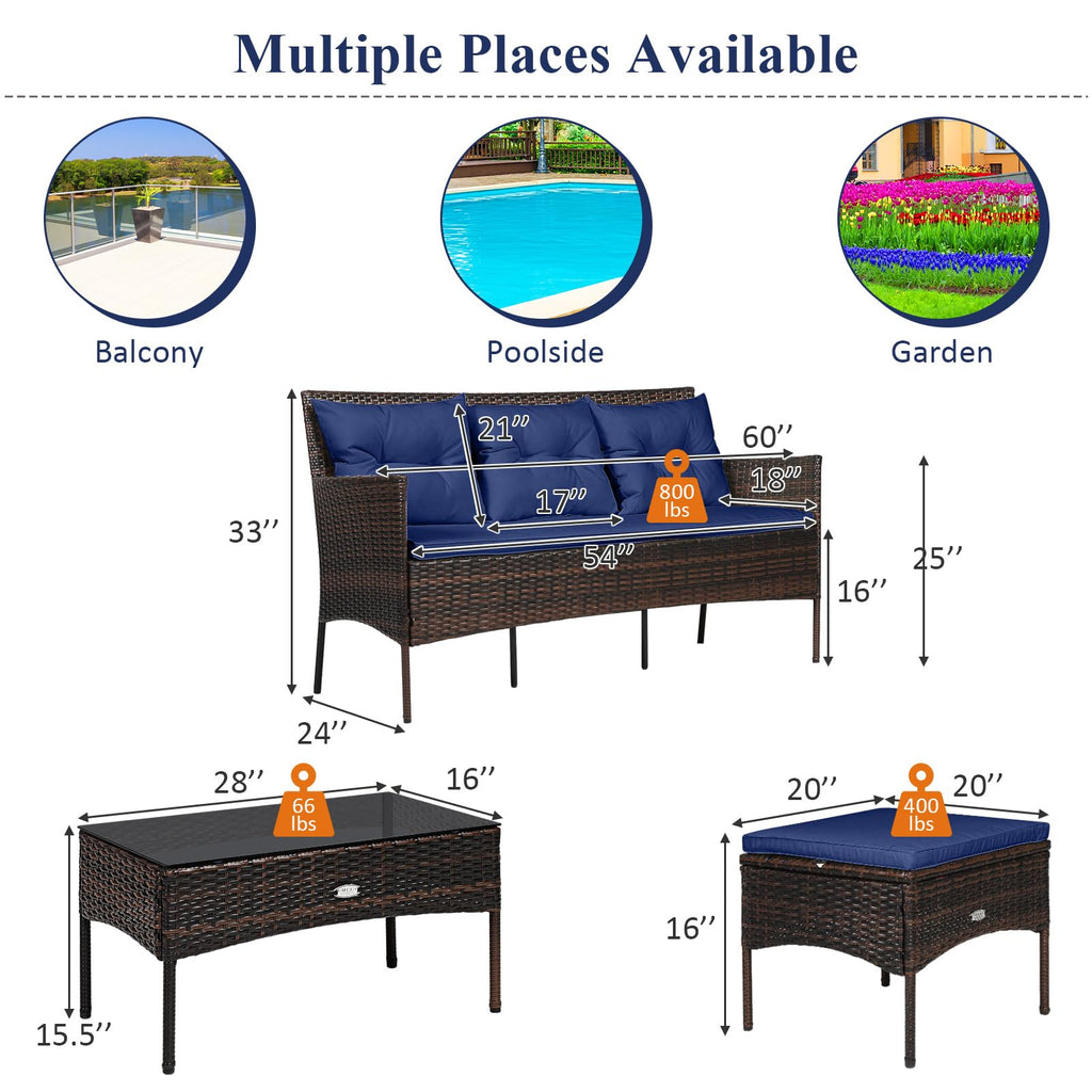3 Pieces PE Rattan Wicker Patio Conversation Set with Cushions O699042