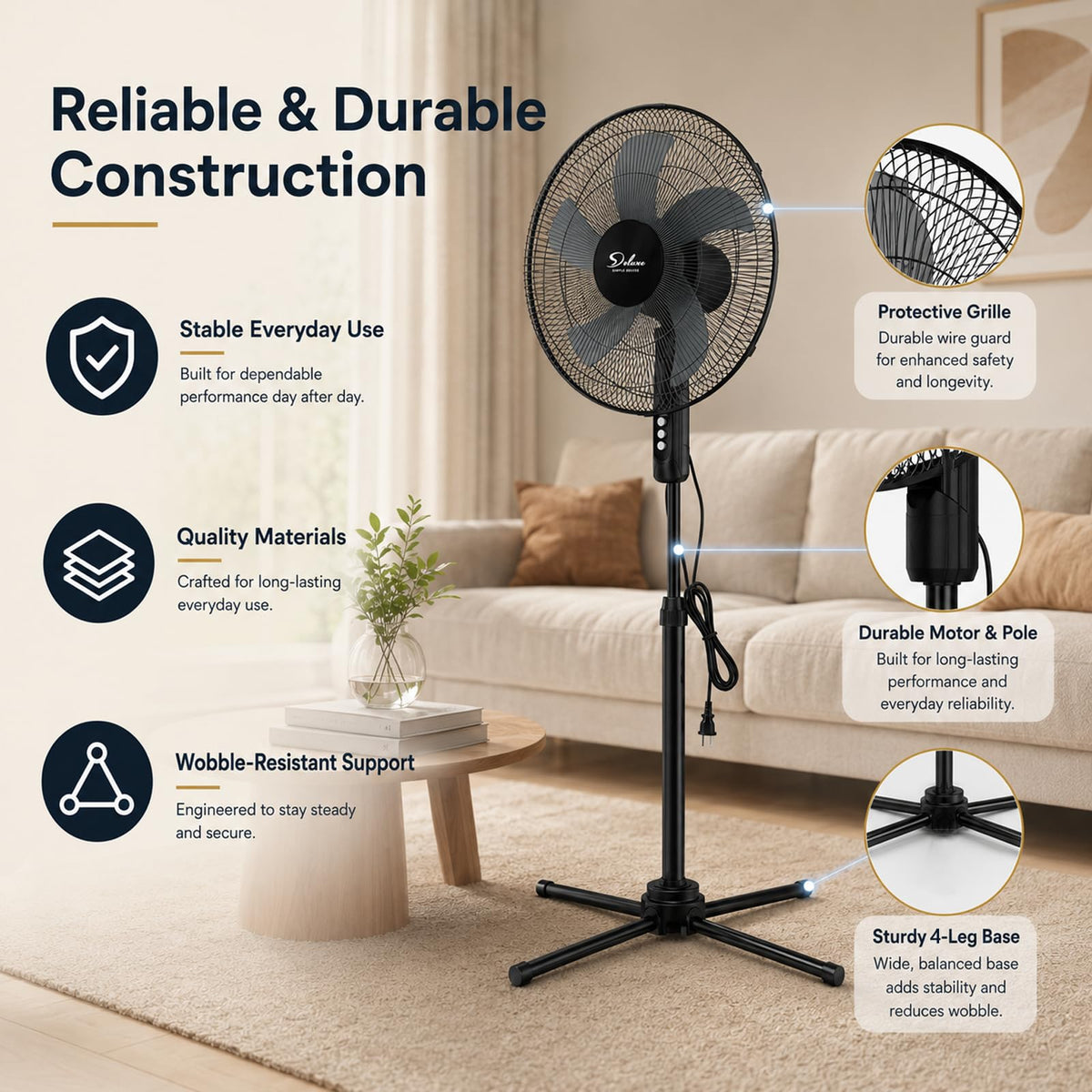 16" Oscillating Pedestal Fan, 3 Speed Standing Fan Z69459