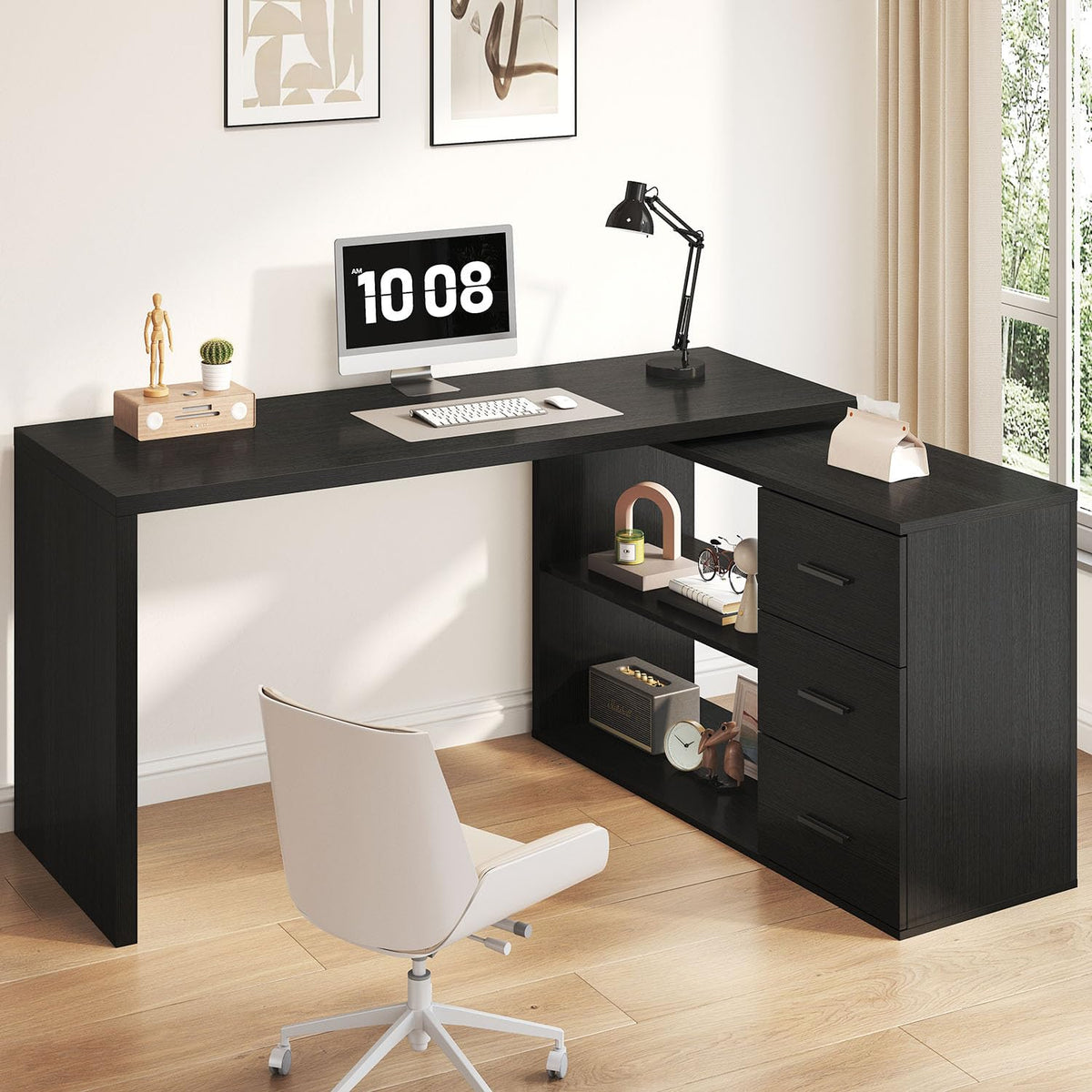 Black L Shaped Corner Desk with Storage Drawers R901