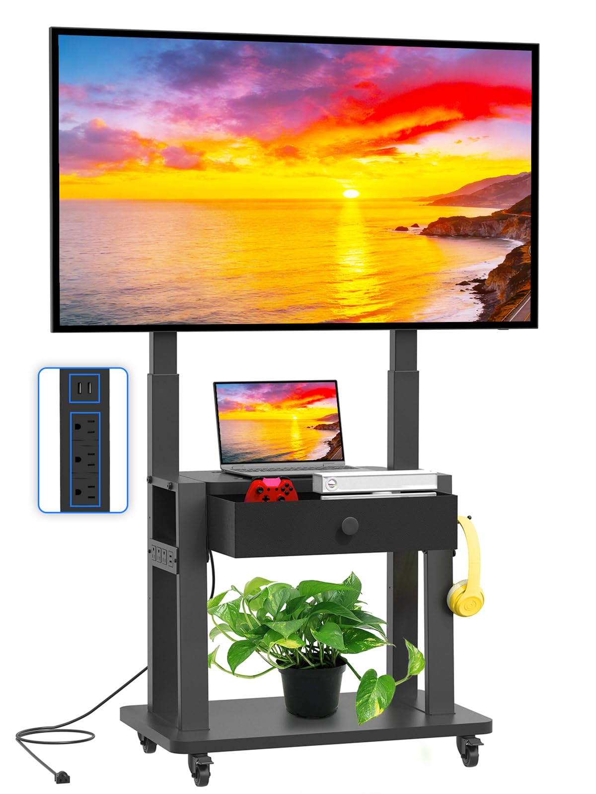 Black Rolling TV Stand with Power Outlet for 32-75 Inch Screens X356