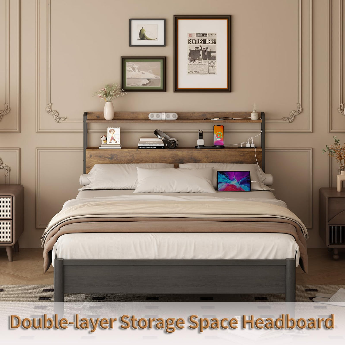 Adjustable Full Size Headboard with Outlets USB Ports Type-C LED Lights and Storage Rustic Brown O83958