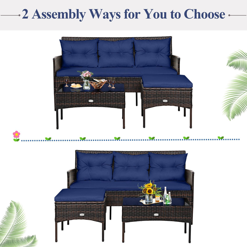 3 Pieces PE Rattan Wicker Patio Conversation Set with Cushions O699042