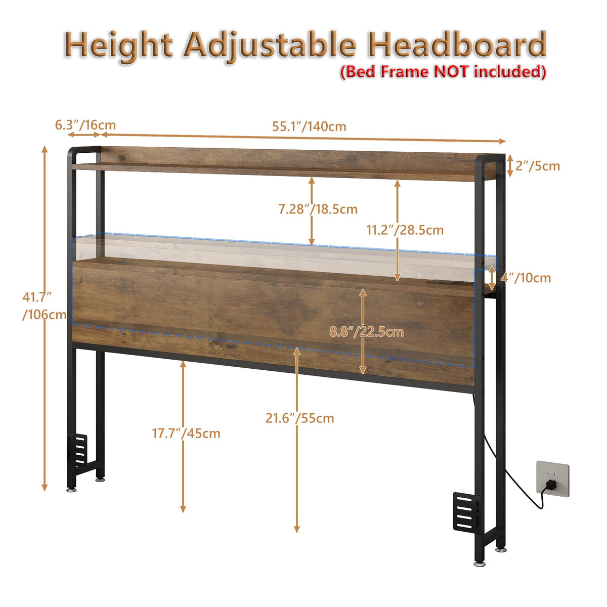 Adjustable Full Size Headboard with Outlets USB Ports Type-C LED Lights and Storage Rustic Brown O83958