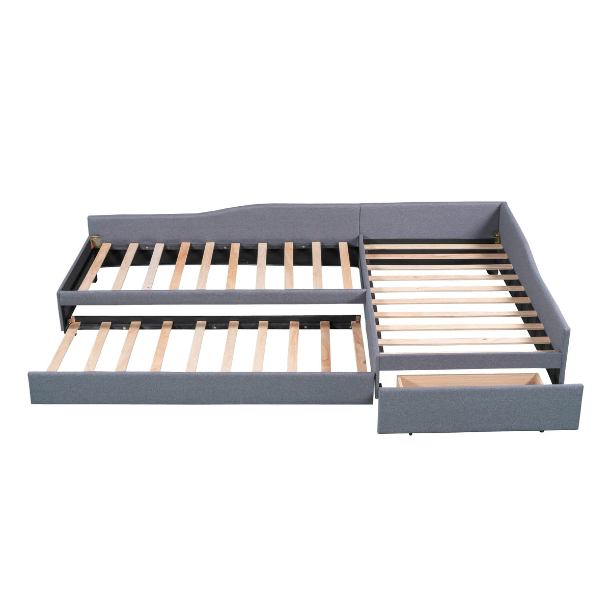 Gray Linen Upholstered Double Twin Size Daybed with Trundle and Drawer K325