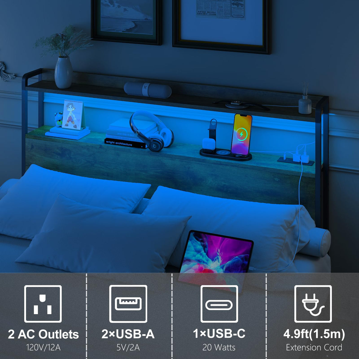 Adjustable Full Size Headboard with Outlets USB Ports Type-C LED Lights and Storage Rustic Brown O83958