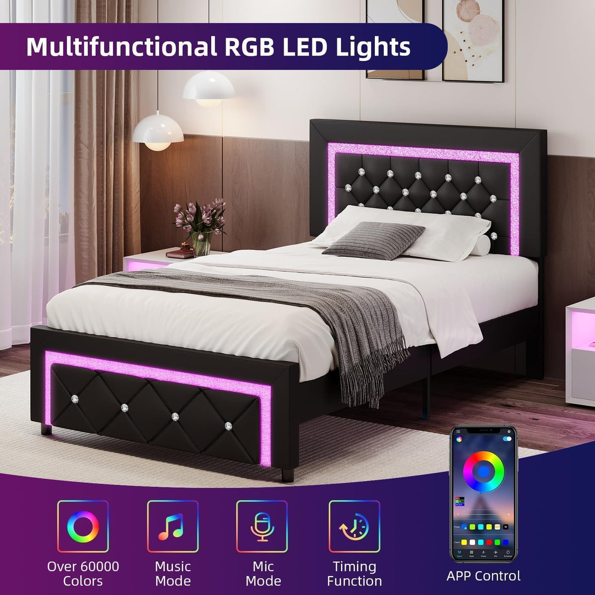 Twin Bed Frame with LED Lights M144