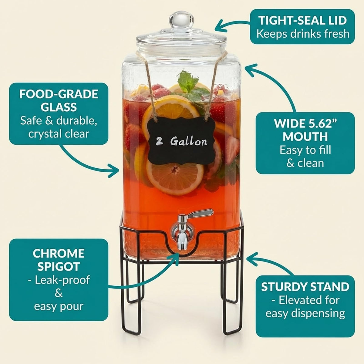 2 Gallon Glass Drink Dispenser with Stand and Glass Lid Y403398
