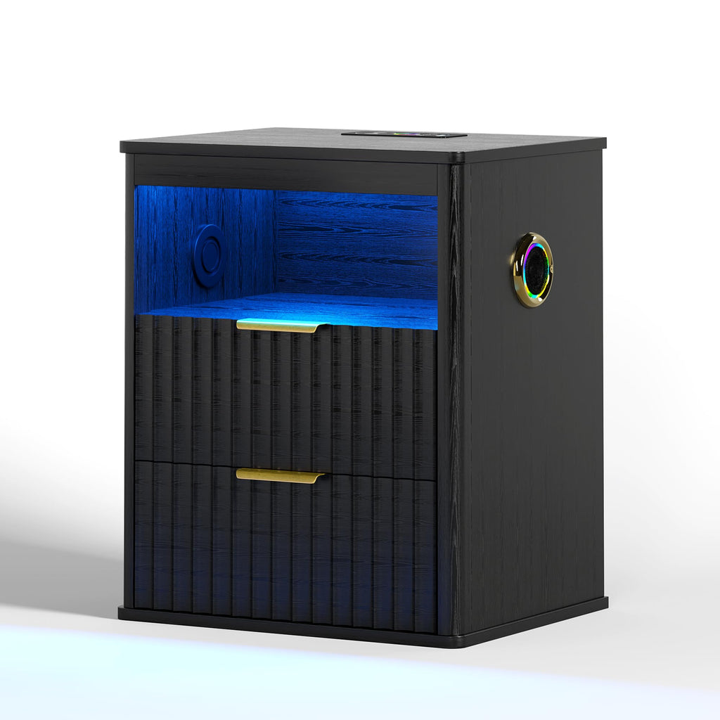 Black Smart Nightstand with Bluetooth Speaker, LED Lights, Wireless Charging, 2 Drawers & Open Shelf B366